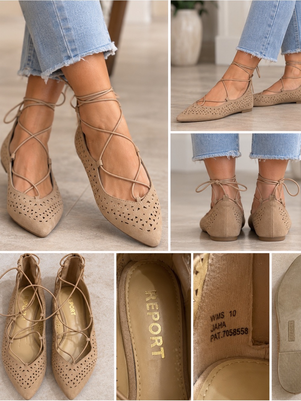 Report Taupe Laser-Cut Lace-Up Pointed Flats